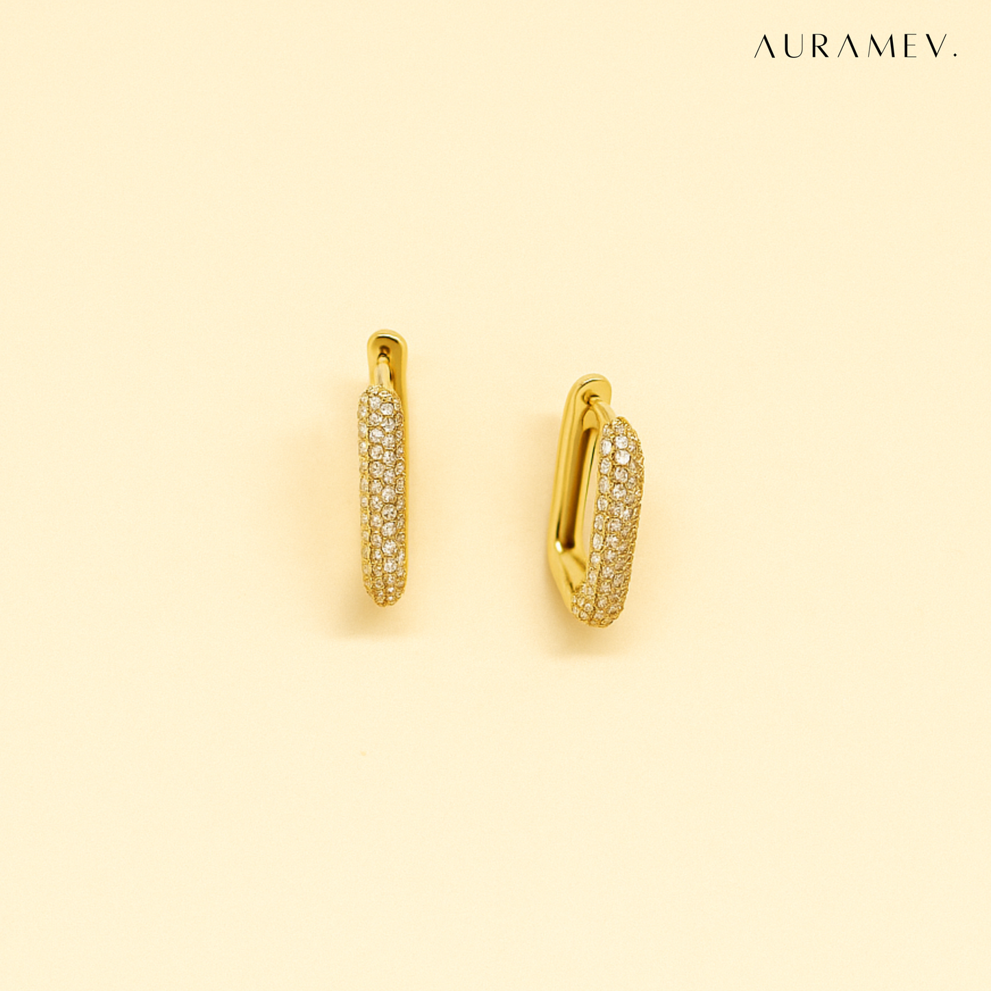 Gold rectangle huggie earrings with sleek 18K PVD gold plating and modern shine