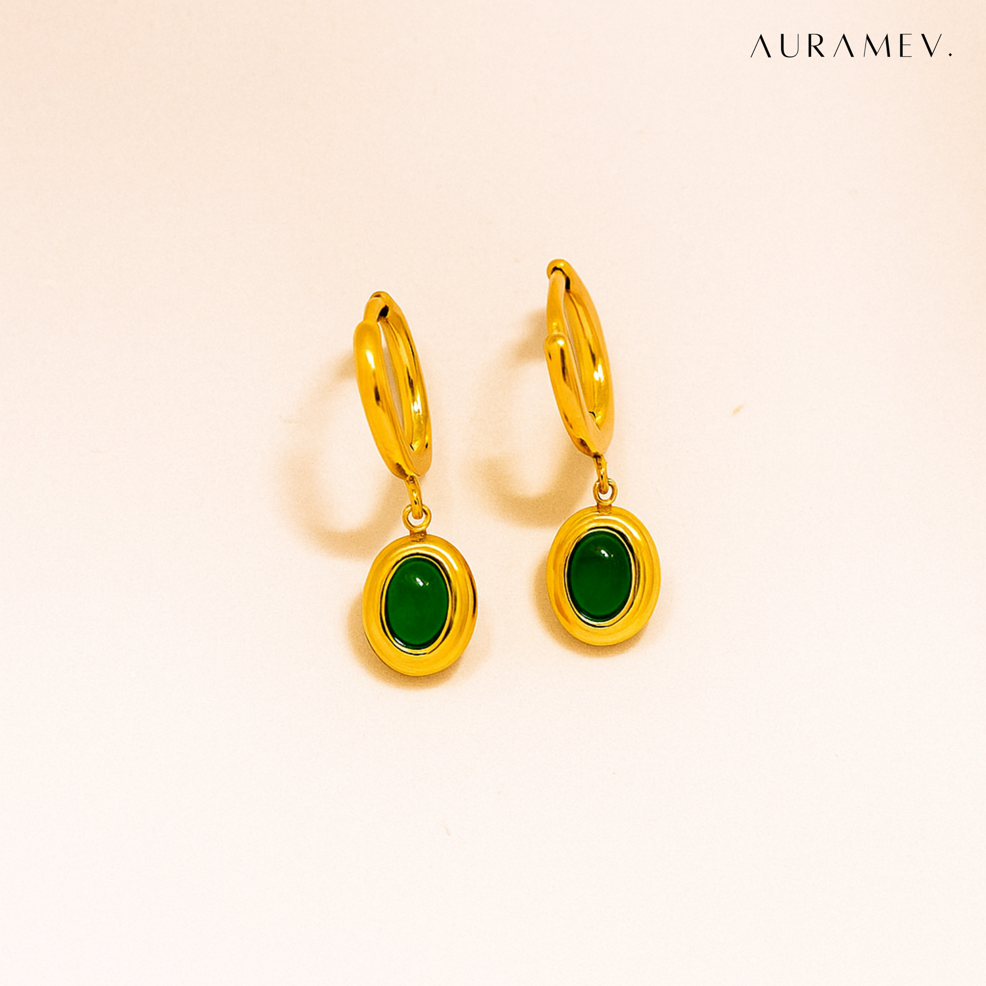 Gold hoop earrings with oval green emerald drop, premium 18K PVD gold plated finish