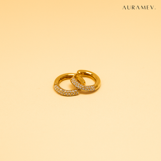 Small gold huggie hoop earrings with zirconia crystal accents, 18K PVD gold plated finish