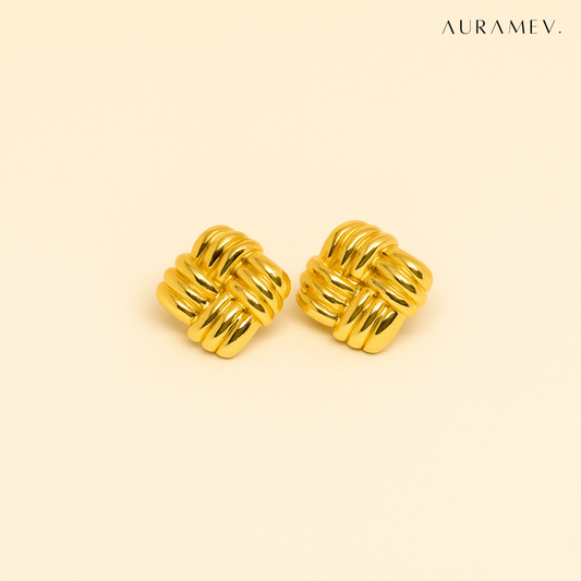 Gold woven design statement stud earrings with textured 18K PVD gold plated finish