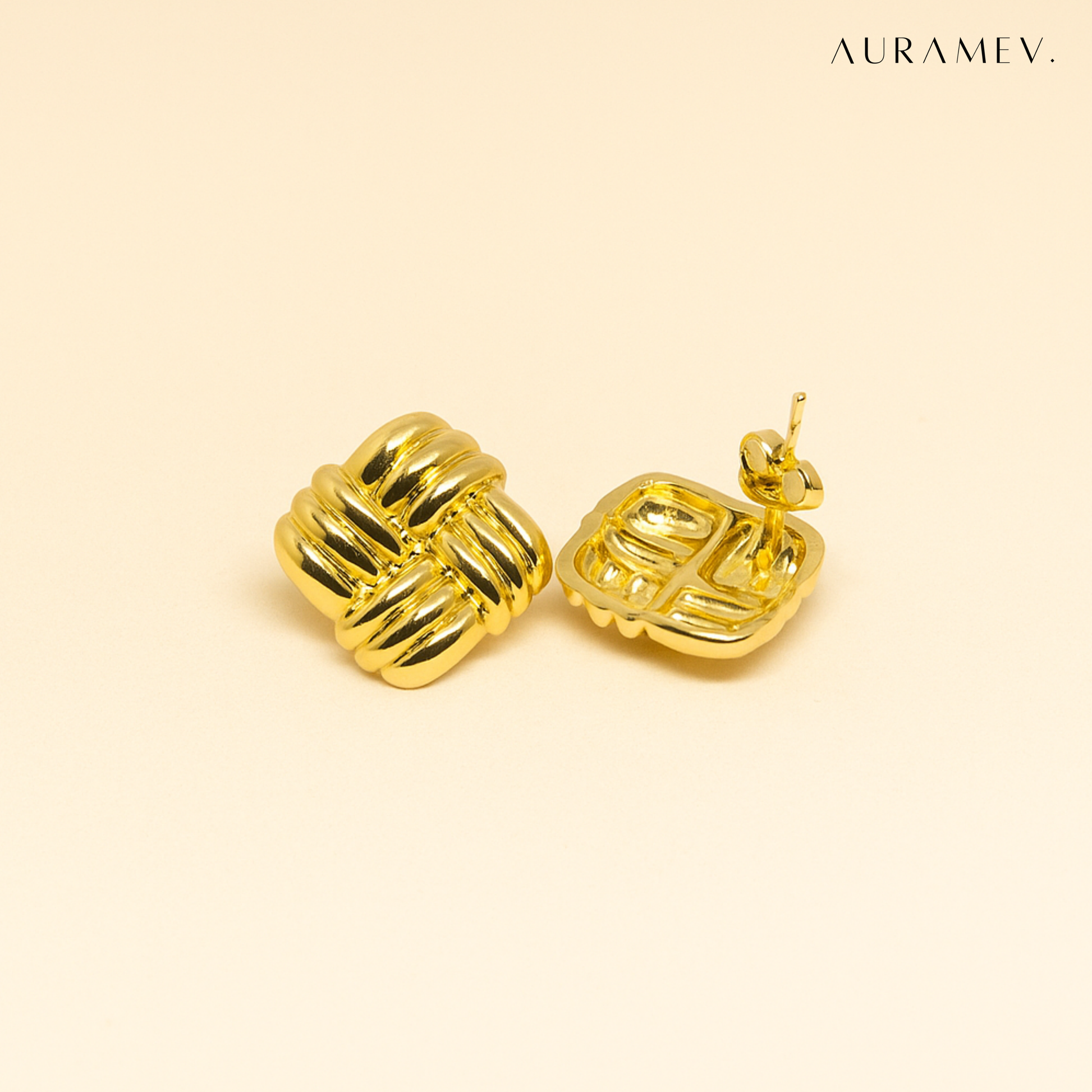 Gold woven design statement stud earrings with textured 18K PVD gold plated finish with back of the stud