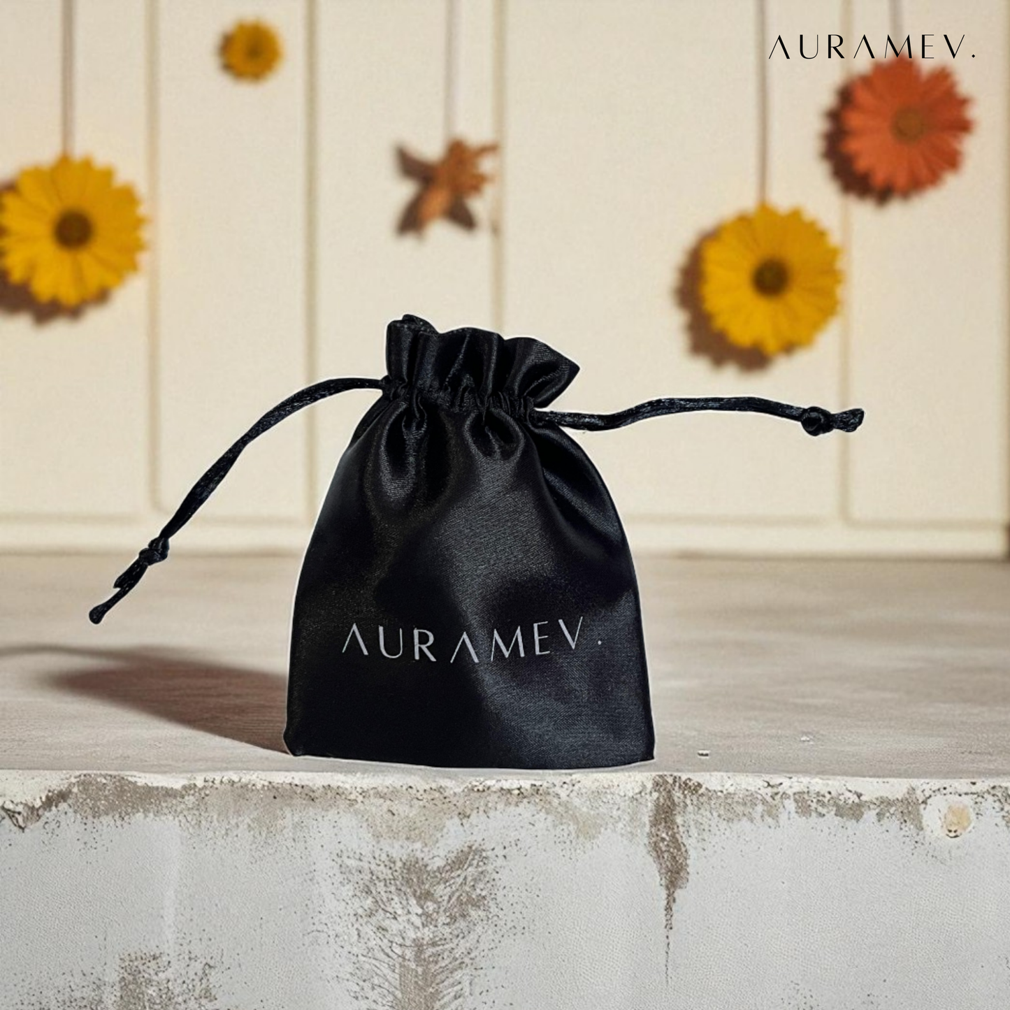 Auramev's premium satin jewellery pouch with drawstring closure, ideal for gifting and safe storage
