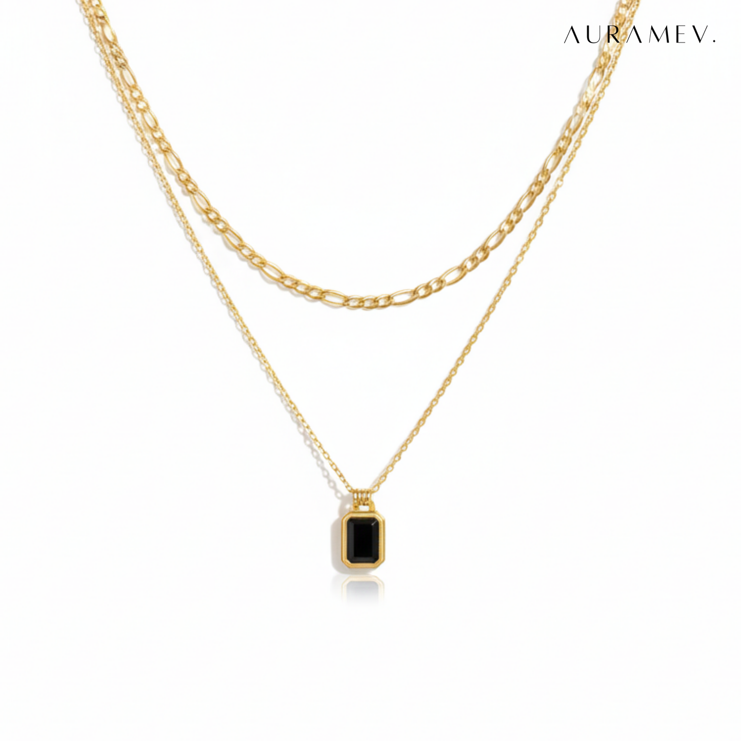 Dual Chain Black Stone Charm Necklace