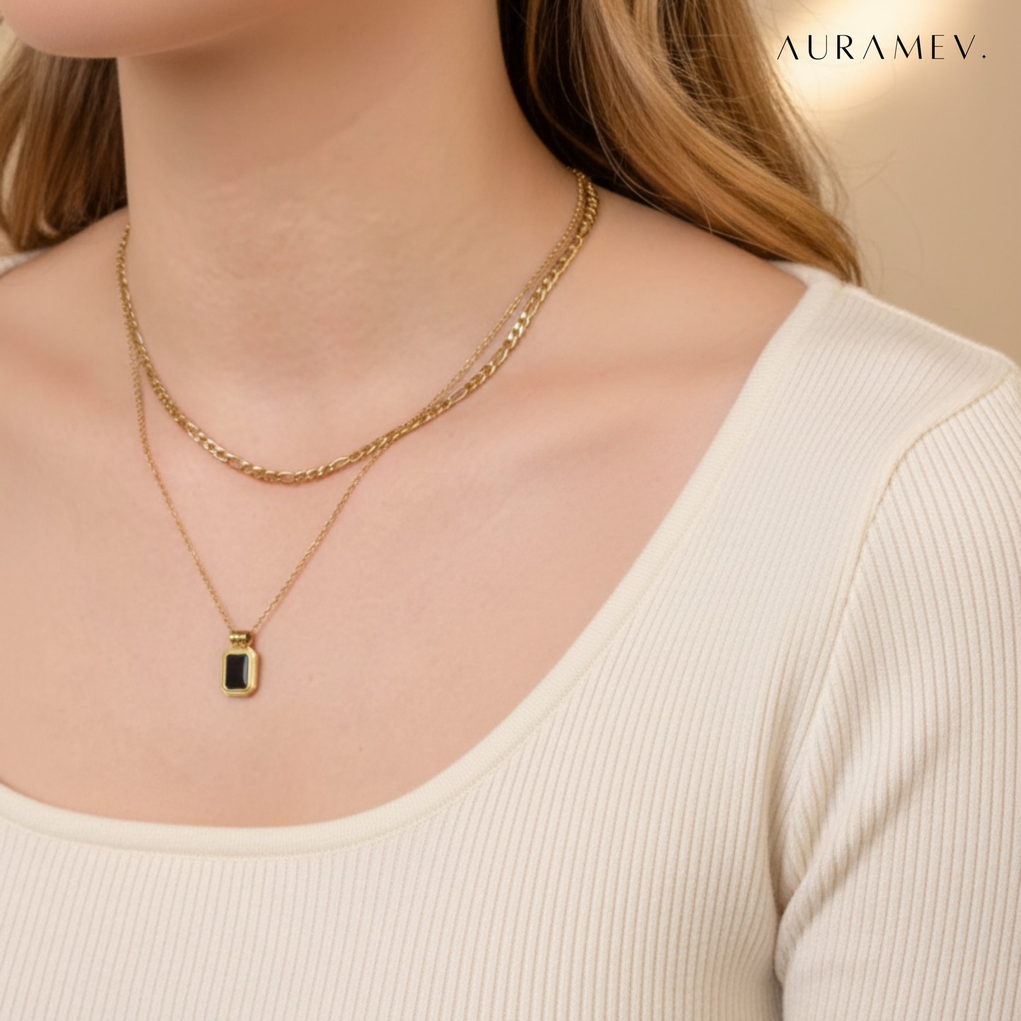 Dual Chain Black Stone Charm Necklace