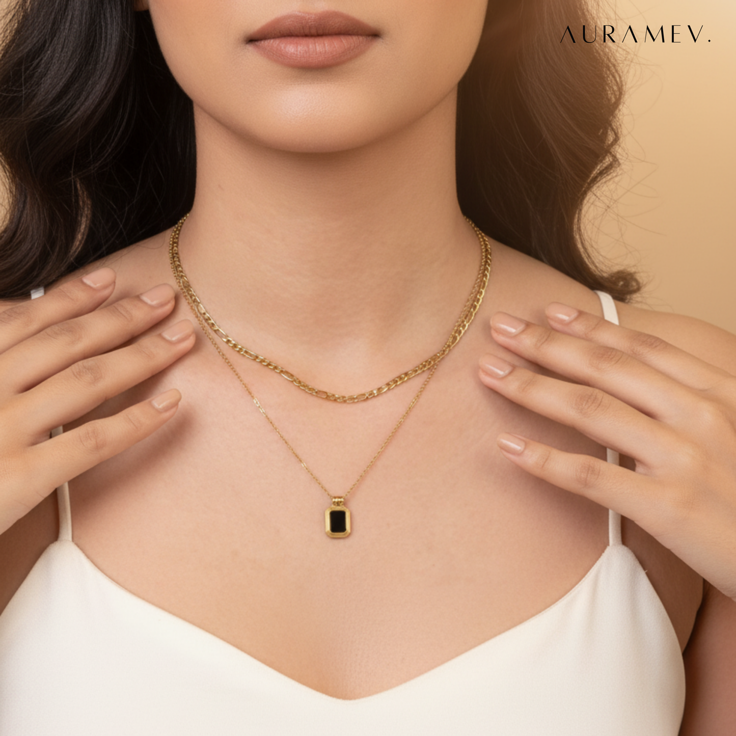 Dual Chain Black Stone Charm Necklace