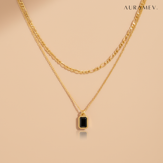 Dual Chain Black Stone Charm Necklace