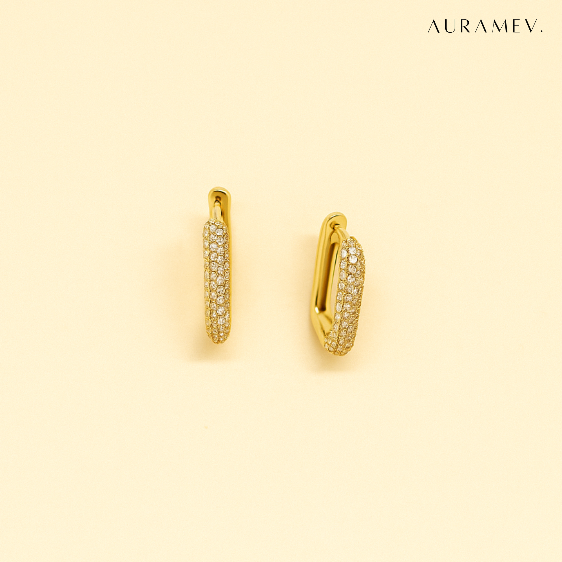 Gold rectangle huggie earrings with sleek 18K PVD gold plating and modern shine