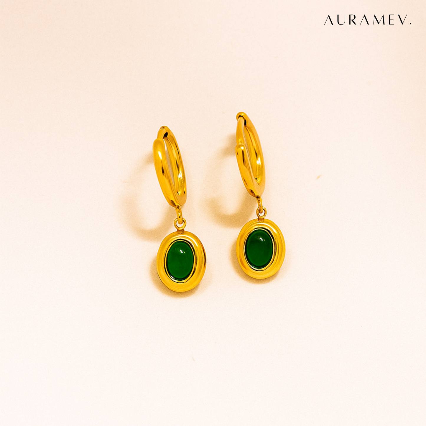 Gold hoop earrings with oval green emerald drop, premium 18K PVD gold plated finish
