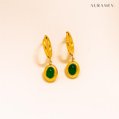 Gold hoop earrings with oval green emerald drop, premium 18K PVD gold plated finish