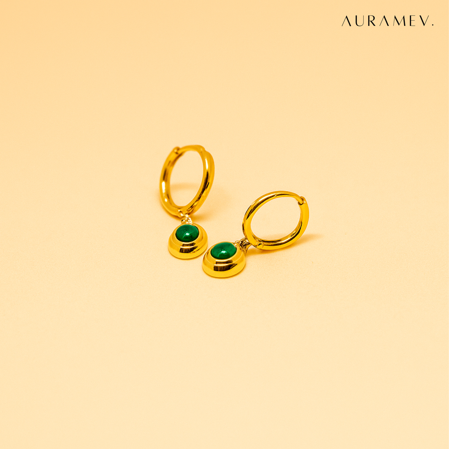 Gold plated hoop earrings with oval green emerald drop, premium 18K PVD gold plated finish