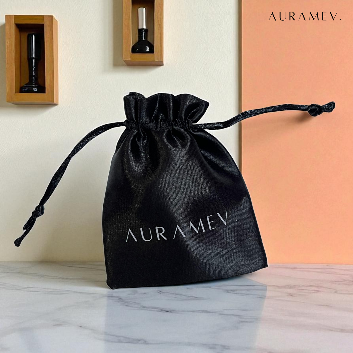 Auramev's premium satin jewellery pouch with drawstring closure, ideal for gifting and safe storage