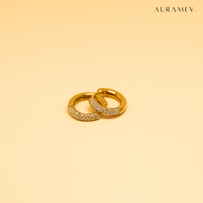 Small gold huggie hoop earrings with zirconia crystal accents, 18K PVD gold plated finish