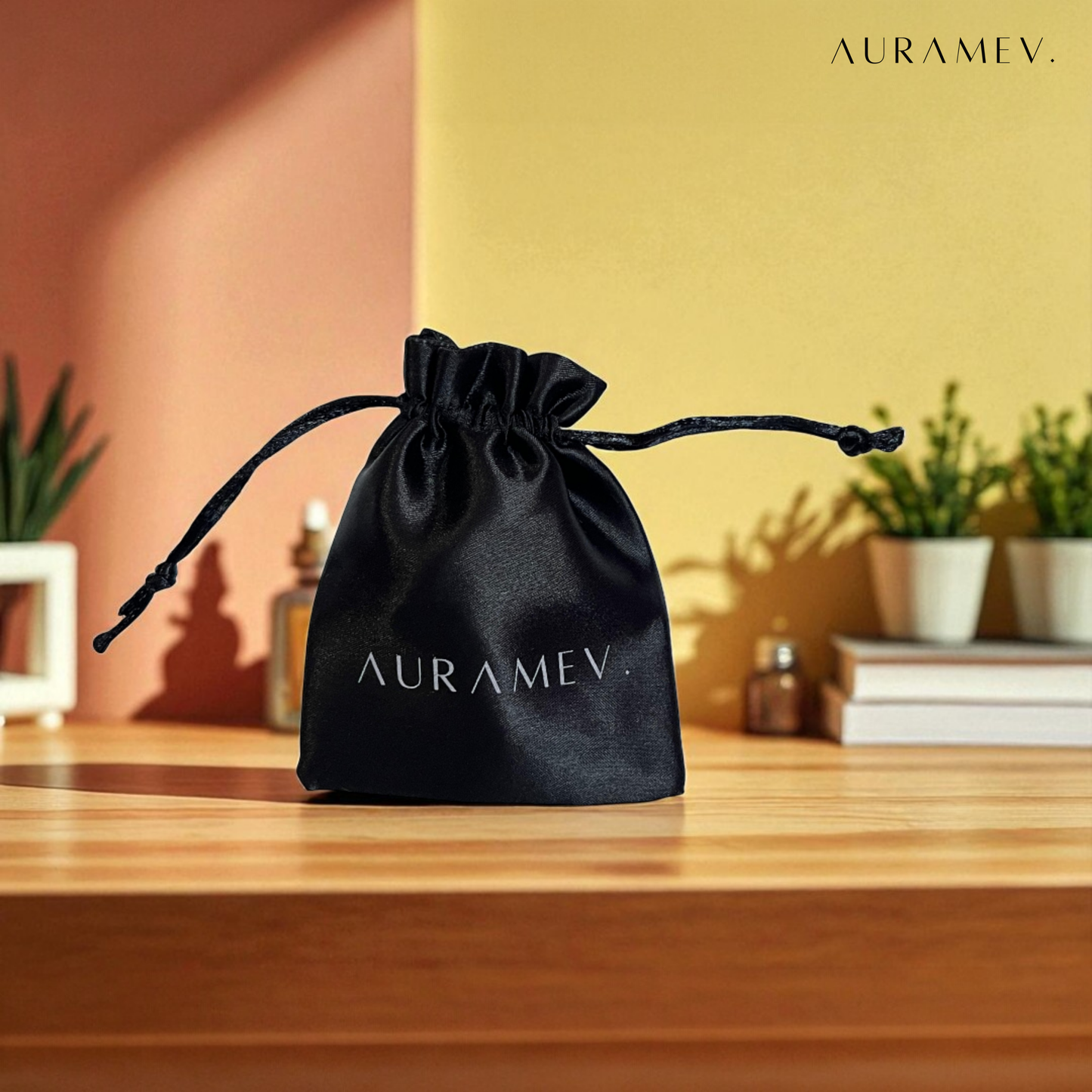 Auramev's premium satin jewellery pouch with drawstring closure, ideal for gifting and safe storage