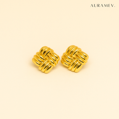 Gold woven design statement stud earrings with textured 18K PVD gold plated finish