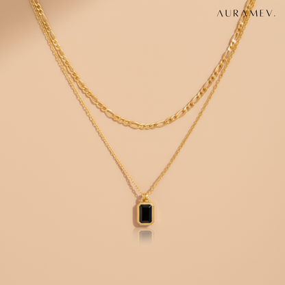 Dual Chain Black Stone Charm Necklace